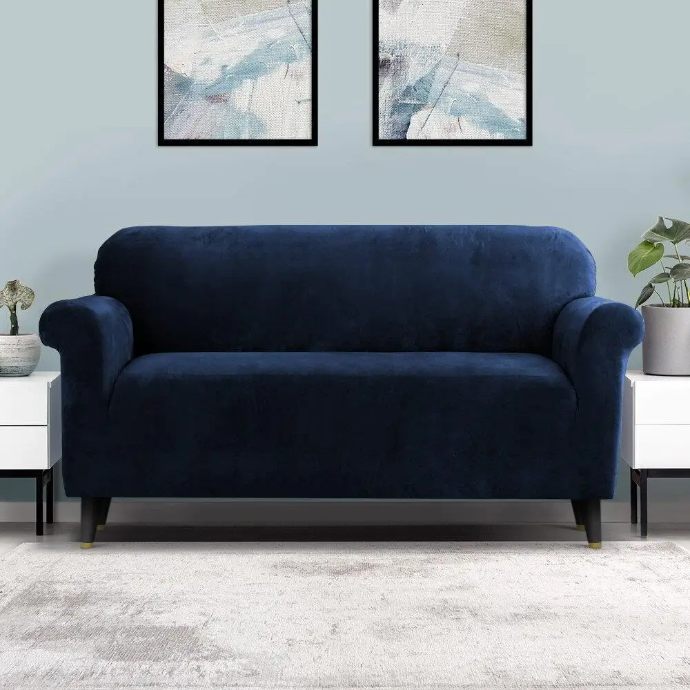 &3 Seater Velvet Sofa Cover Stretch Fit Sapphire Blue Couch Protector Slipcover for Living Room Furniture Washable Durable Soft