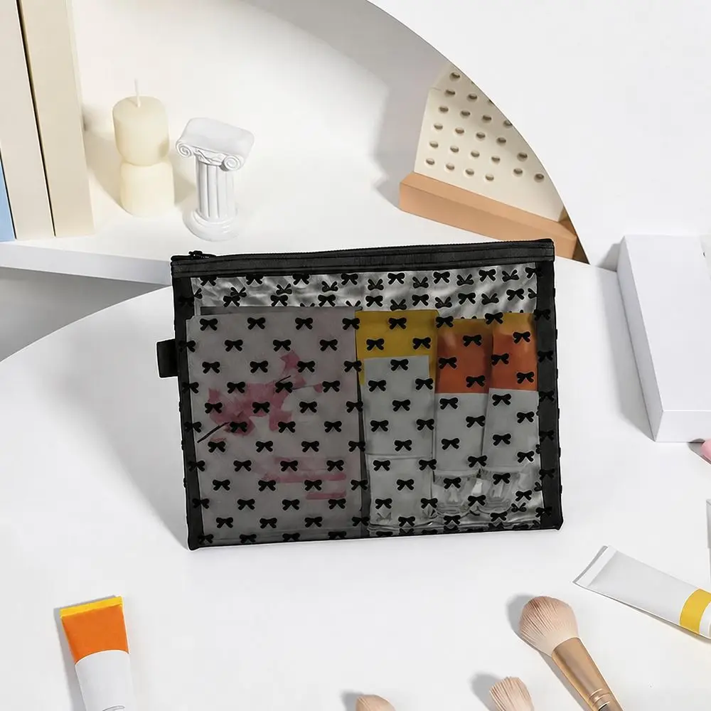 1/3Pcs New Mesh Transparent Mesh Cosmetic Bag Mesh Bow Pattern Zipper Toiletry Bag Transparent Travel Storage Bag Makeup Storage