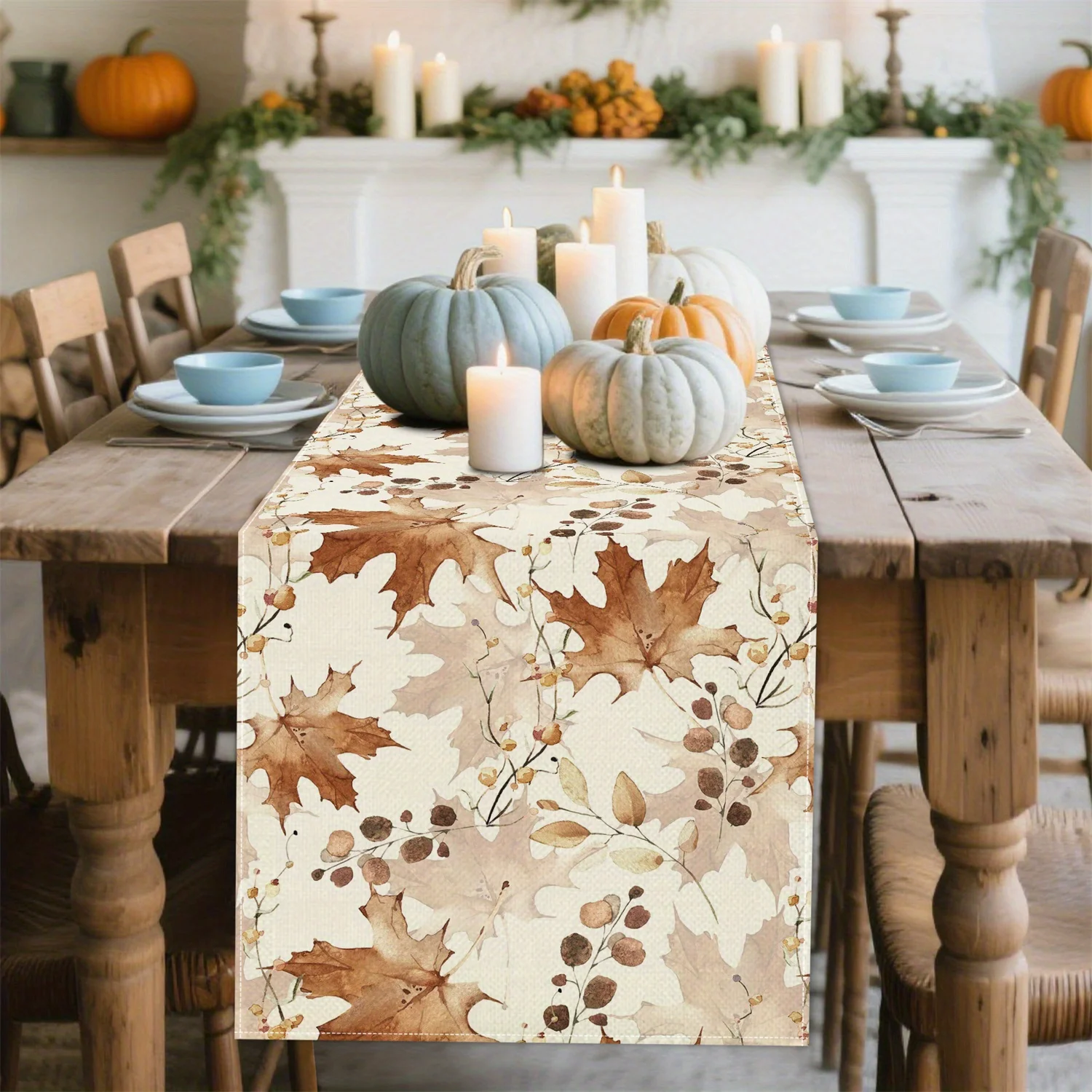 1Pc Autumn Maple Leaf Table Runner with Brown Fallen Leaves, Berries and Branches, Suitable for Restaurant, Home, Harvest Party, Pastoral Style Decoration, Market Display.