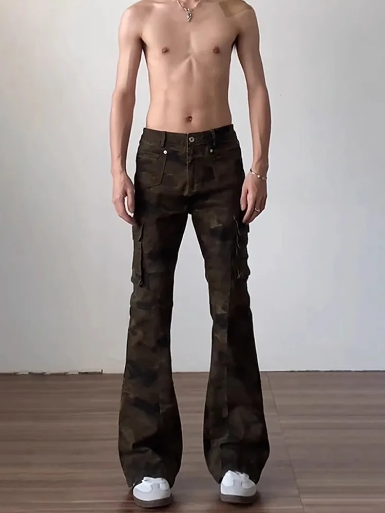 

Американские ретро-брюки-карго с камуфляжным принтом для мужчин, весенне-осенние, зауженные, расклешенные, с множеством карманов, винтажные брюки
