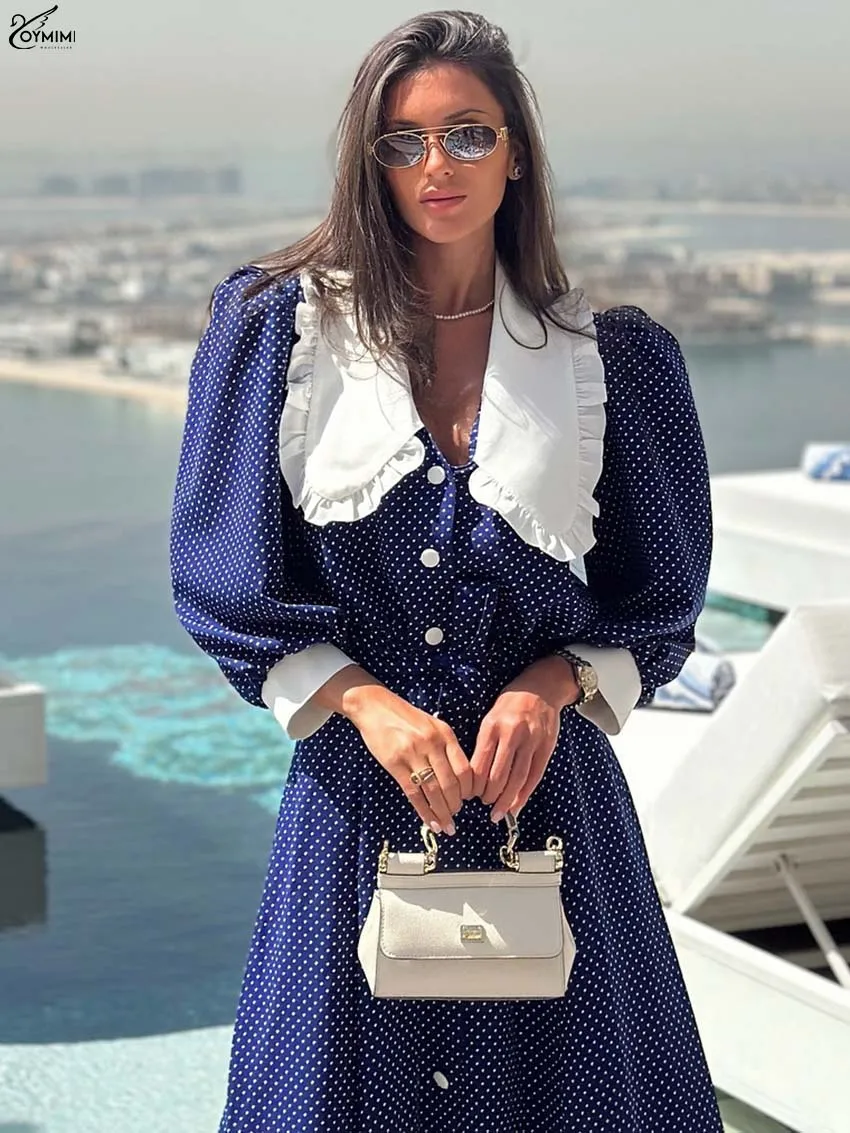 Oymimi Elegant Blue Print Womens Dresses Fashion Patchwork Three Quarter Sleeve Dresses Casual Lace-Up Button Mid-Calf Dresss