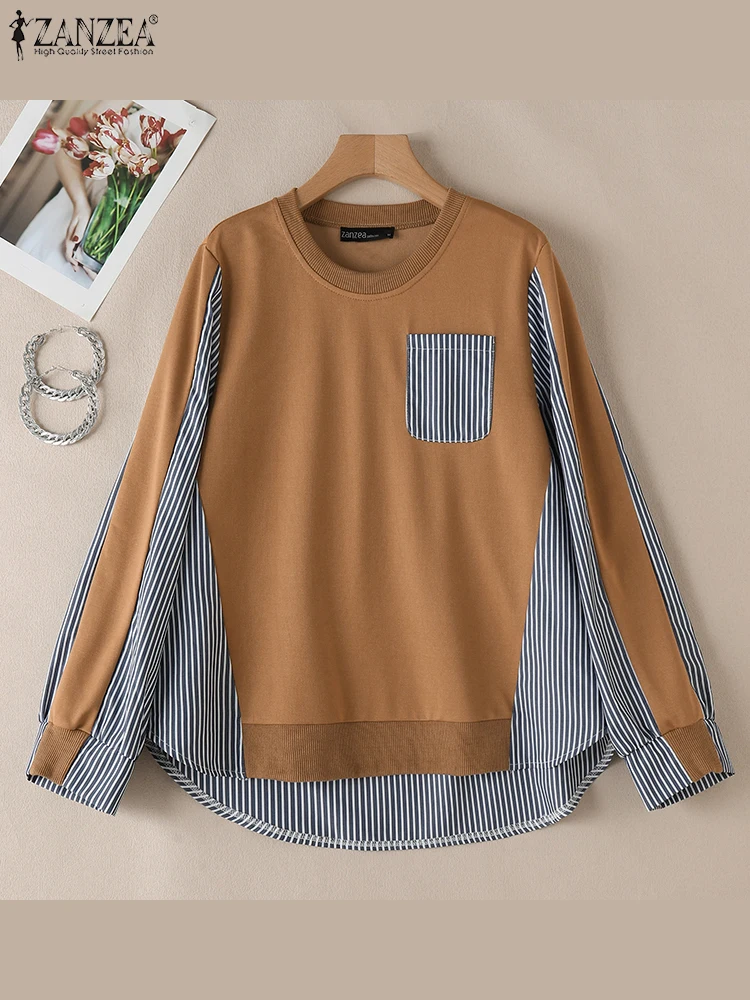 ZANZEA 여성용 O넥 긴팔 스웨트 셔츠, 캐주얼 줄무늬 패치워크 풀오버, 오버사이즈 상의, 한국 패션, 2024 가을 후드