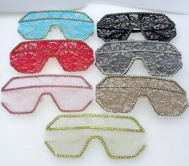 Ein Stück Floral Spitze Sonnenbrille Frauen Punk Großen Rahmen Diamant Sonnenbrille Weibliche Flache Top Strass Outdoor Fashion Brillen – Detail 5