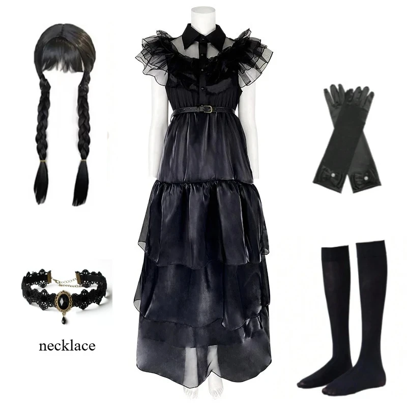

Wednesday Cosplay Costume Black Full Set Short Sleeve Ball Dress Necklace Outfits for Women Halloween Evening Party Roleplay