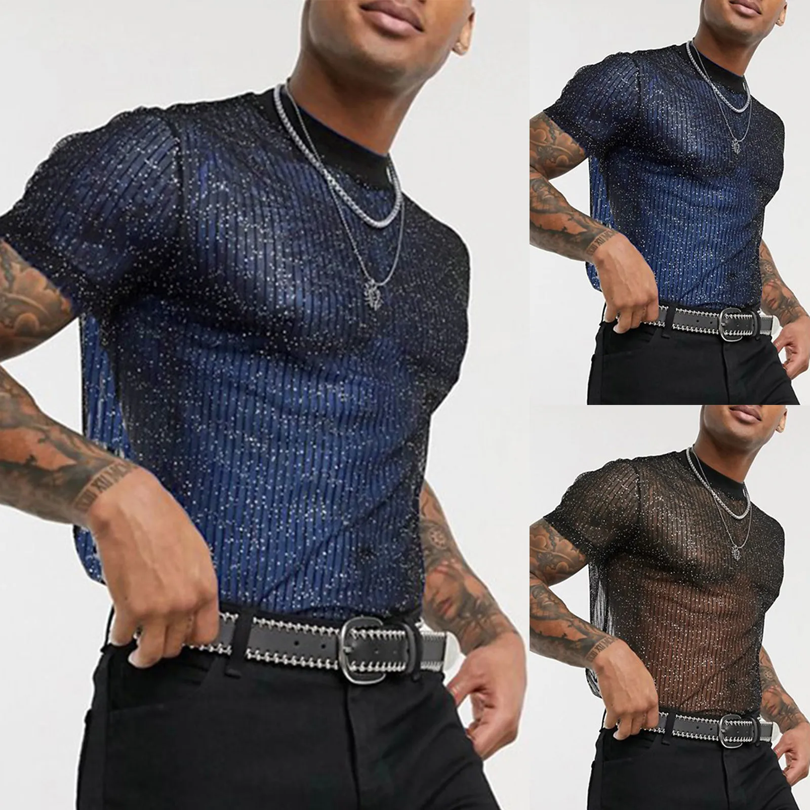 Sexy Men\'S Sequins T-Shirt Top Round Neck Short Sleeve Sequin Transparent Mesh T Shirts Summer Male Club Party Tshirts Camiseta