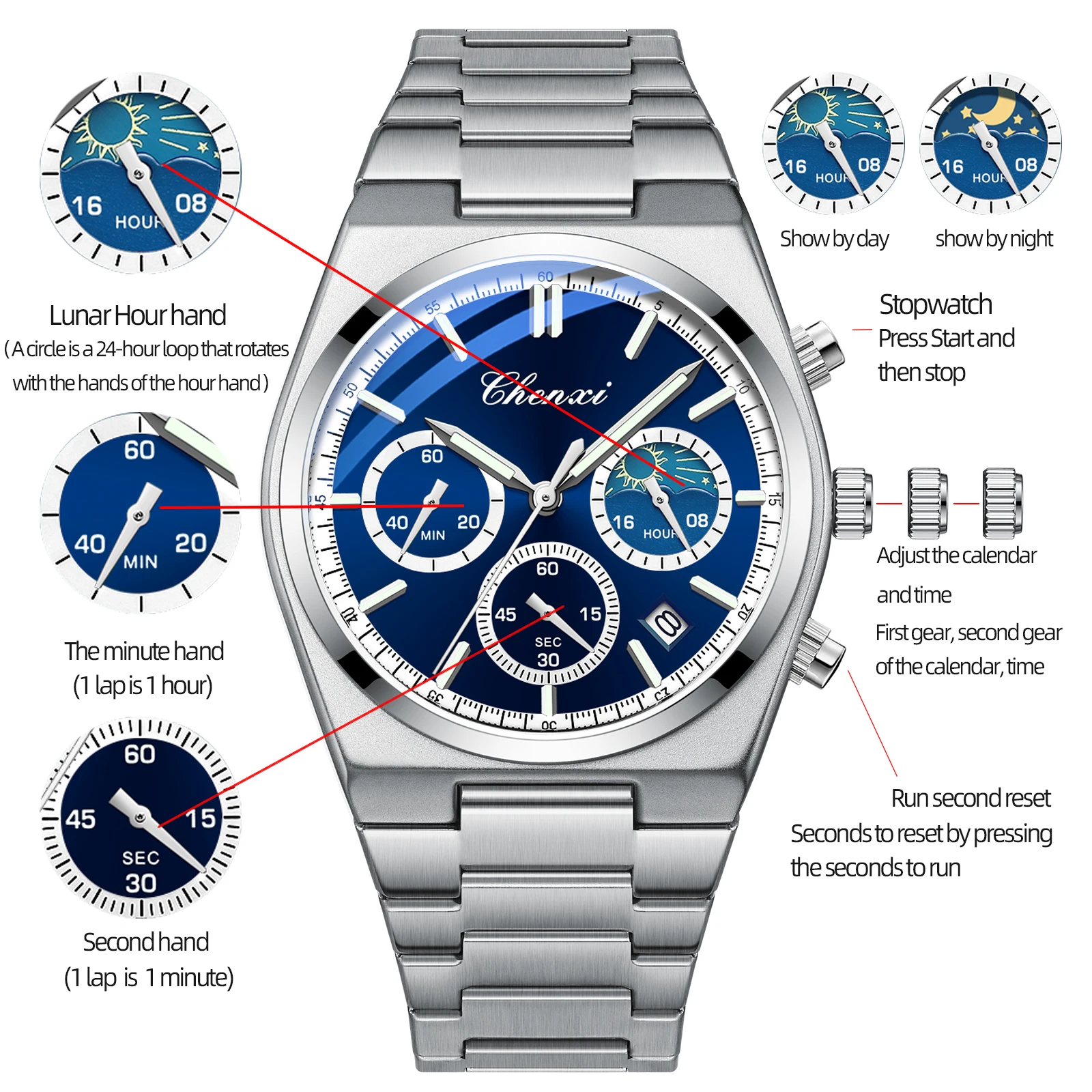 CHENXI 983 Multi Functional Calendar Moon Phase Timing Night Light Waterproof Steel Strip Watches for Men Relojes Para Hombres