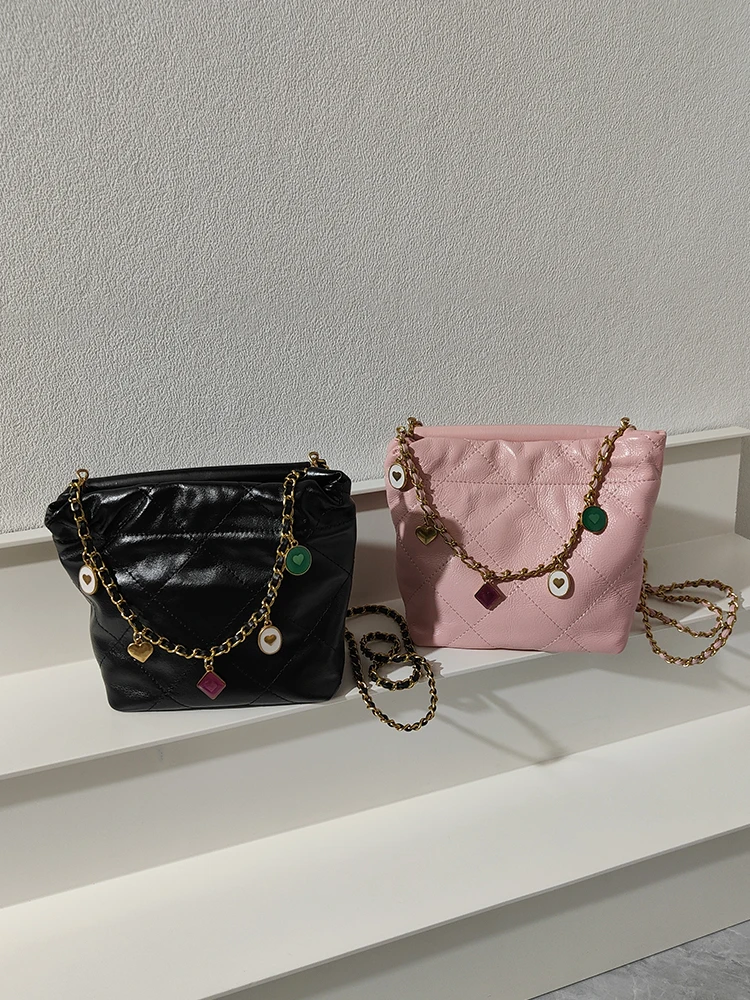 

oulder Crossbody Leather Buet Bag Women's Top Layer Cowhide Chain Link Small Square Faion Handbag