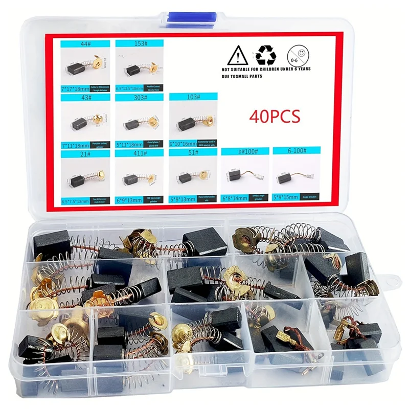 AT02-40 Pieces Electric Motor Carbon Brushes, 10 Model Assortment Pack For Power Tools Maintenance