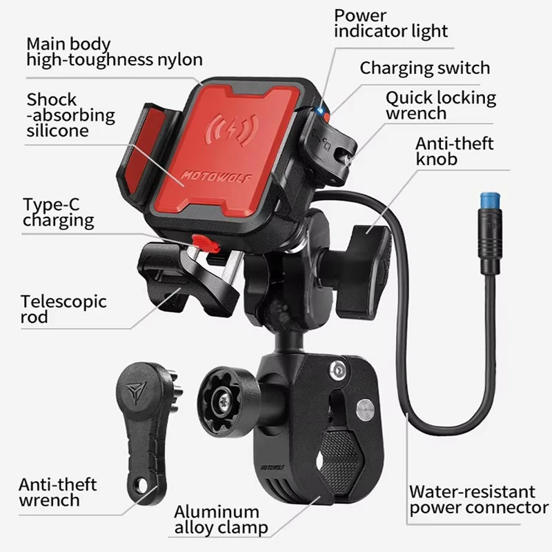 MOTOWOLF Motorcycle Riding  Phone Holder Type-c Charger Adjustable Anti-Theft Shock Absorber And Fast Release Phone Holder