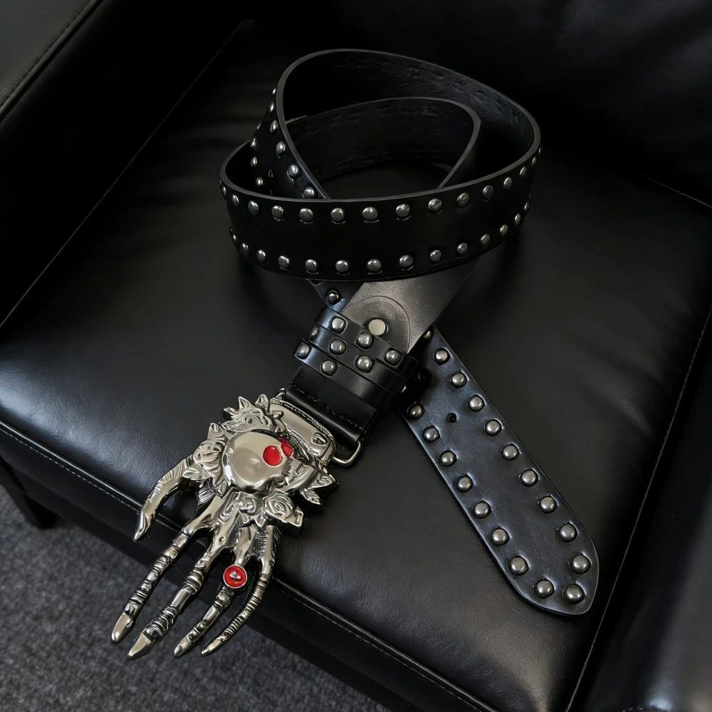 

Original Metal Skull Ghost Hand Rivet Belt Dark Punk Gothic Retro Men's Belt Niche Leather Belt Matching Jeans and Leather Pants