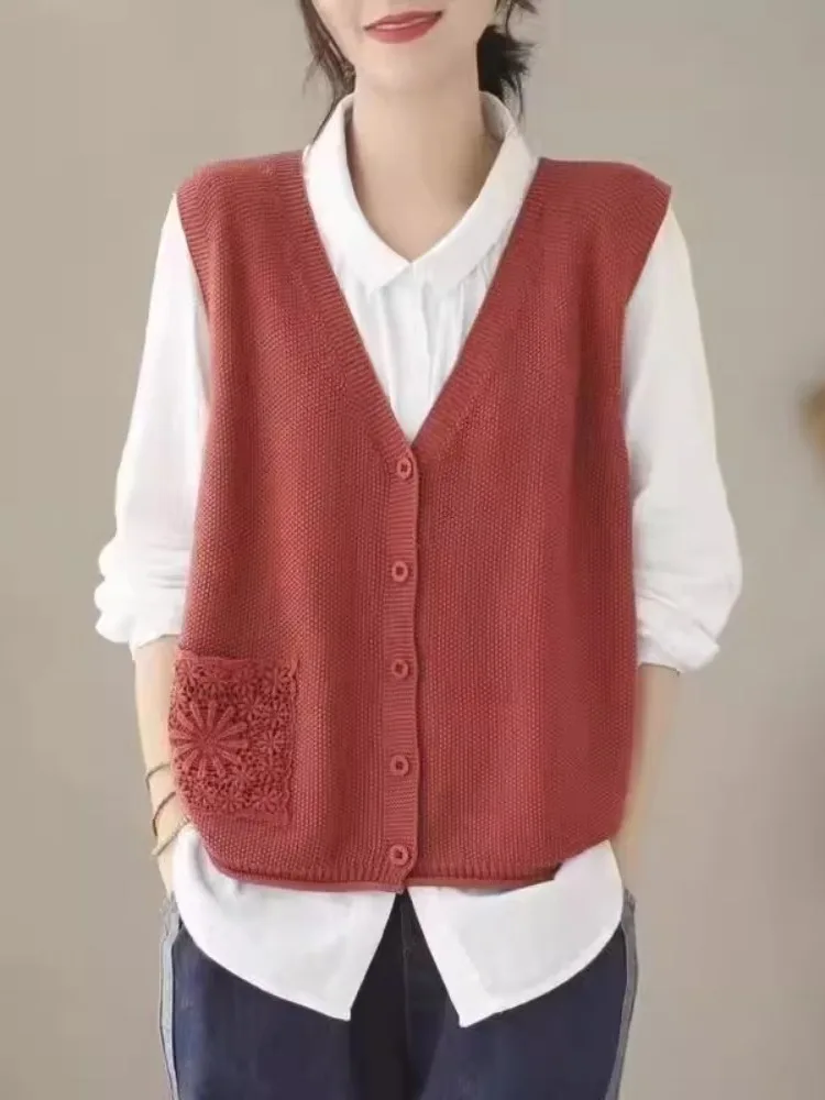 loose-women's-knitted-v-neck-cotton-sweater-vest-spring-autumn-new-style-artistic-hollow-pocket-casual-versatile-no-pocket-ha