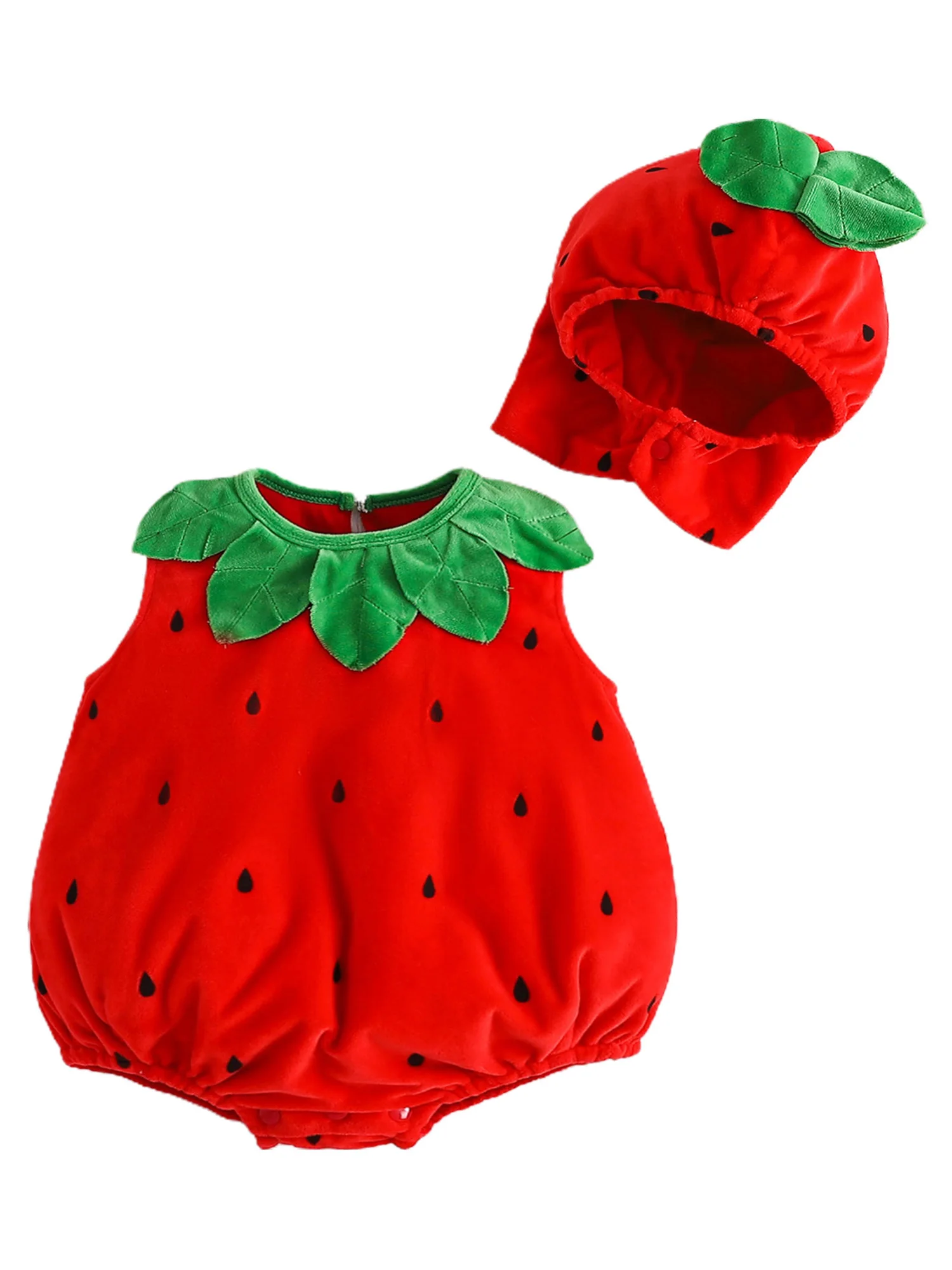 Baby Boy Girl Strawberry Costume Set Fleece Leaf Trim Sleeveless Strawberry Romper Hat Halloween Cosplay Clothes