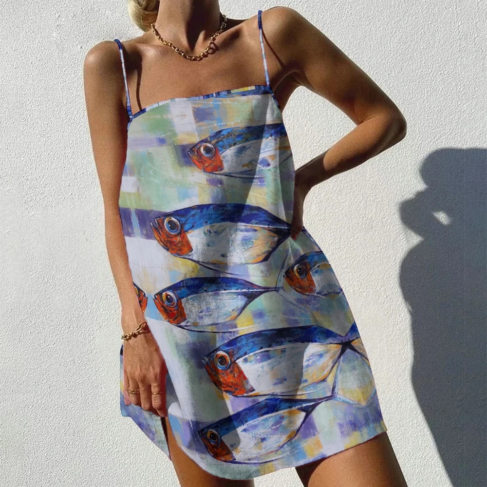 

Hand Painted Colorful Fish Mini Dress Slip Hawaii Beach Traf Fashion White Blue Dress Women Fantasy Ocean Woman's Chic Outfit