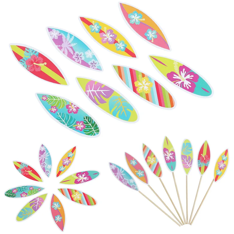 8 unids/set tabla de surf pasteles Topper hawaiano Luau fiesta Cupcake Toppers insertar decoración Hawaii verano playa fiesta pastel Deco suministro