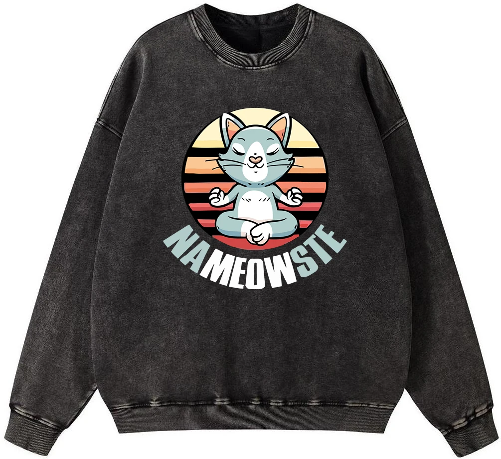 

Cat Meditation Women'S Vintage Washed Cotton Sweatshirt Korean Fit Pullover Simple Oversize Hoodie Street Fur-Liner