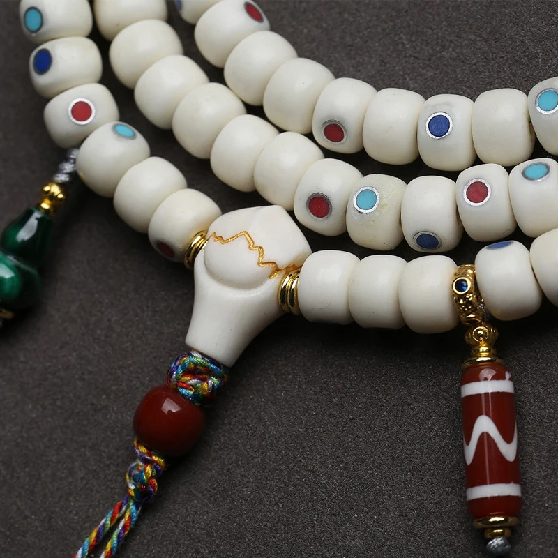 108-bead Buddhist bracelet with deer bone inlaid -gem beads, multi-loop design, agate and coconut accessories