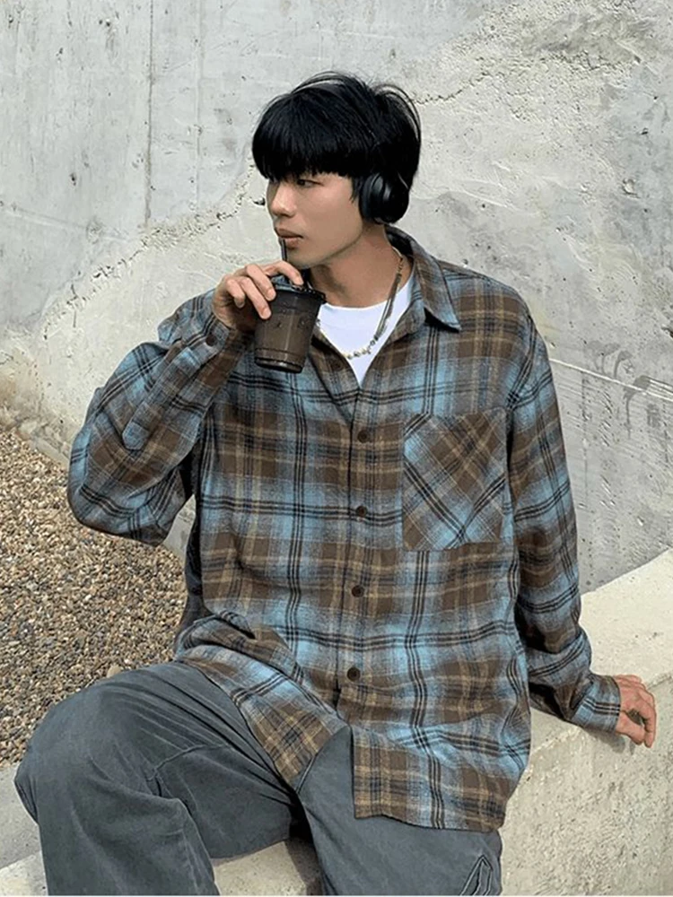 

Retro American Plaid Long Sve Men's irt Fuzzy Texture Couple's Outerwear Loose Fit Polyester Nylon Cosite Fiber