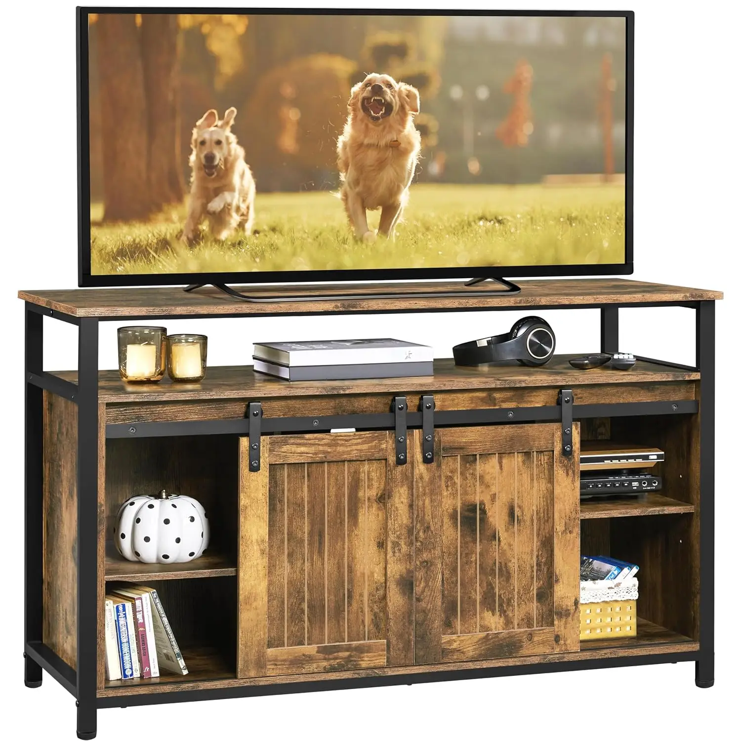 55in Farmhouse TV Stand for 65in TVs Rustic Brown with Sliding Barn Doors & Open Storage Industrial Media Cabinet Living Room, C