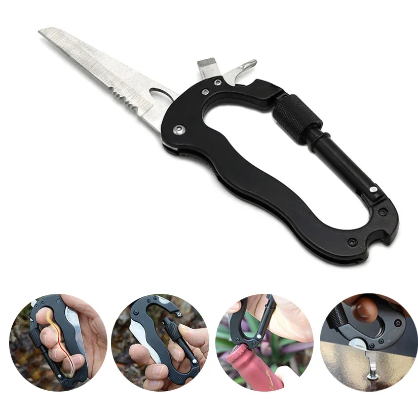 Camping 5in1 Outdoor Multi Function Mountaineering Buckle, Screwdriver Carabiner Bottle Opener Mini Foldable Knife Survival Tool