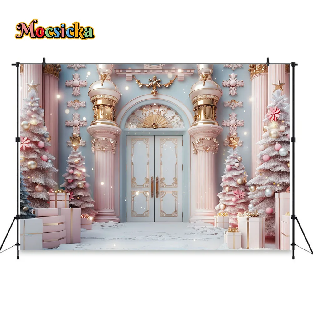 Christmas Photography Background Pink Nutcracker Soldier Castle Xmas Tree Backdrop Decor Girls Birthday Party Winter Snowy Booth