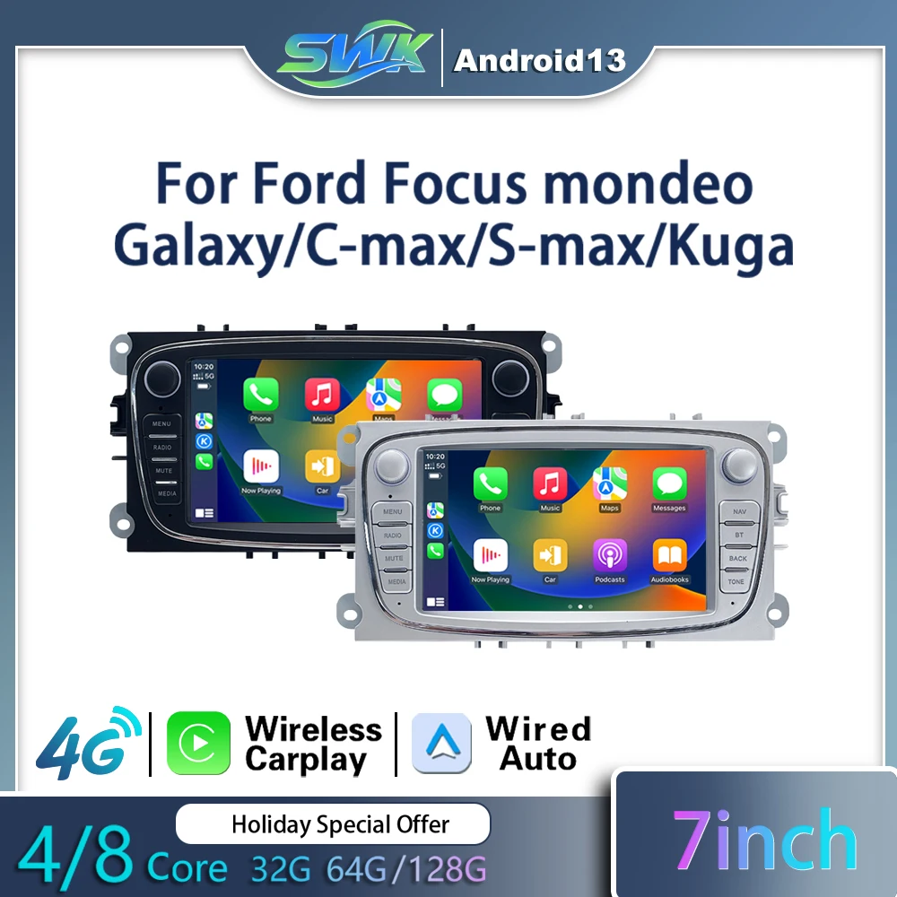 7-дюймовый автомобильный видеоплеер Android 13 Carplay, BT, WIFI, GPS, IPS, Ford Mondeo Focus S-MAX C-MAX Galaxy Transit Connect 2006-20