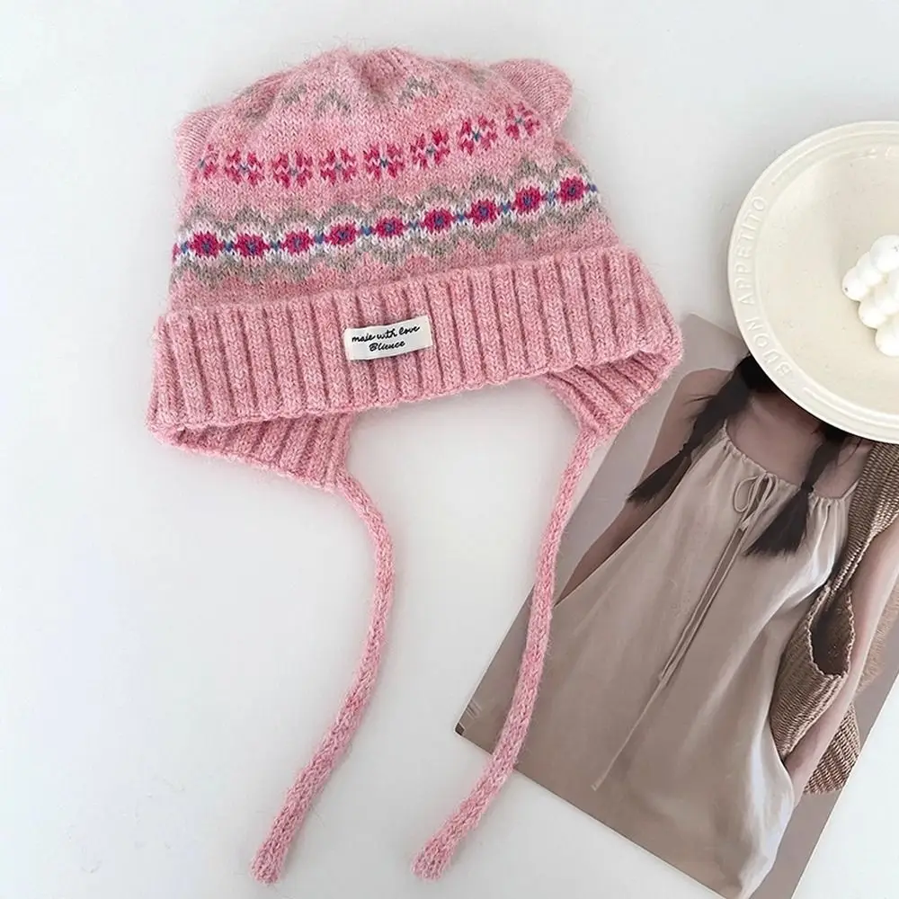Cute Cat Ear Knitted Woolen Cap Windproof Keep Warm Strap Beanie Hat Fell Island Style Thickened Winter Pullover Hat Winter