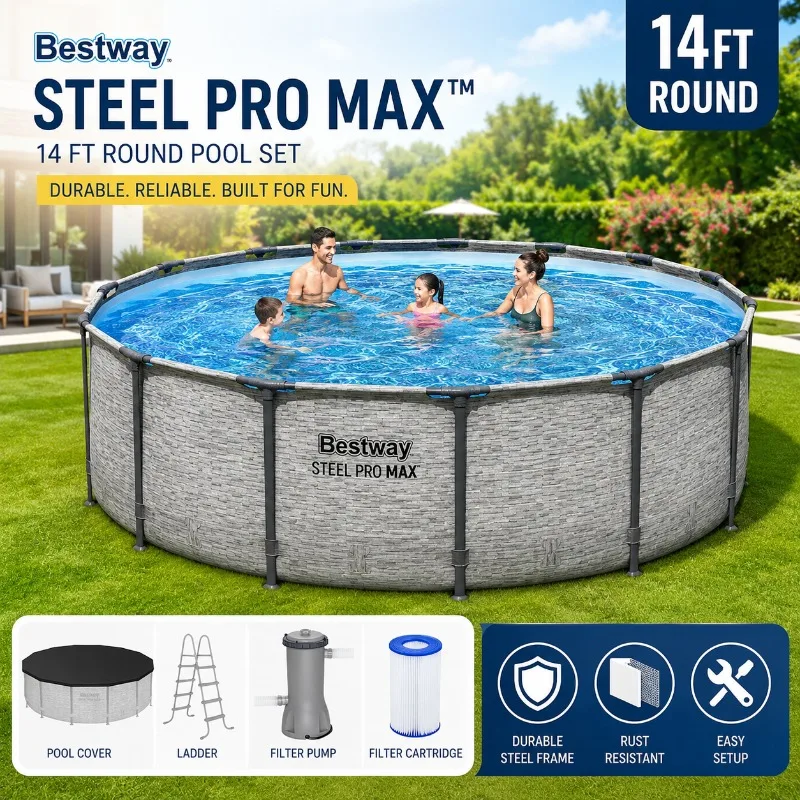 Piscina elevada redonda Bestway Steel Pro MAX de 14 pies x 48 pulgadas con bomba de filtro y escalera, piscina para jardín con estructura de acero resistente.