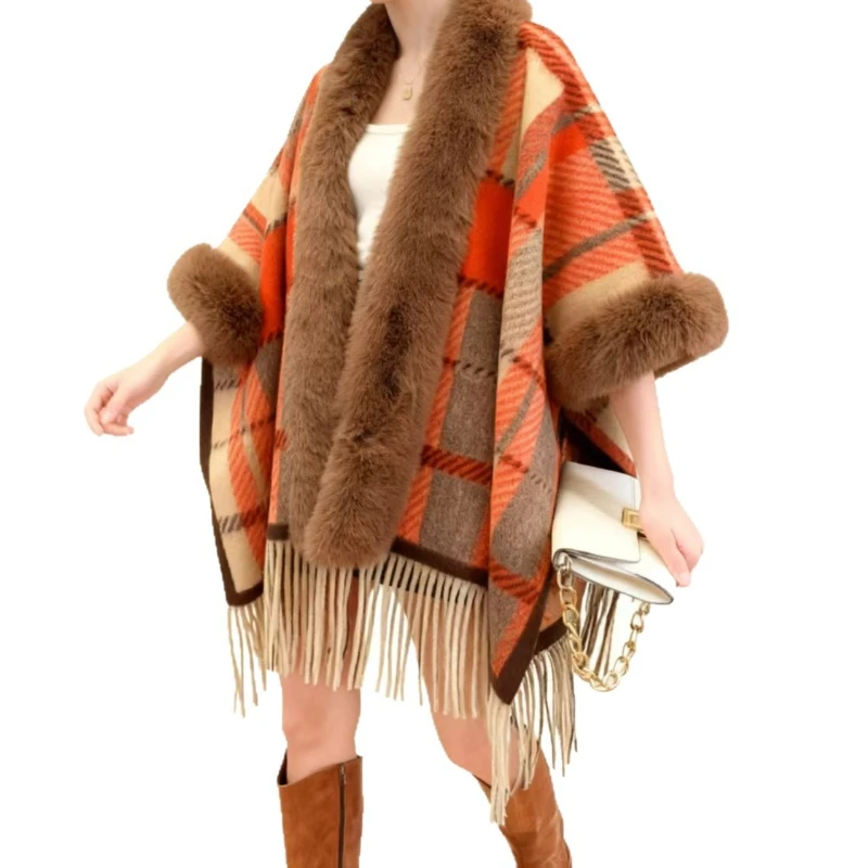 Autumn and Winter Women's Casual Cape Shawl Plaid Fringed Coat Elegant Party Versatile #5