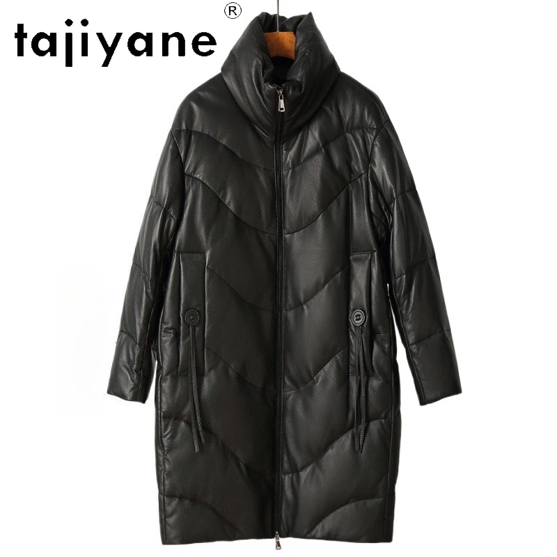 TAJIYANE 100% سترة منتفخة من جلد الغنم الحقيقي للنساء معطف طويل أبيض من ريش الإوز سترات من الجلد الطبيعي 2025 ملابس نسائية duбlenка
