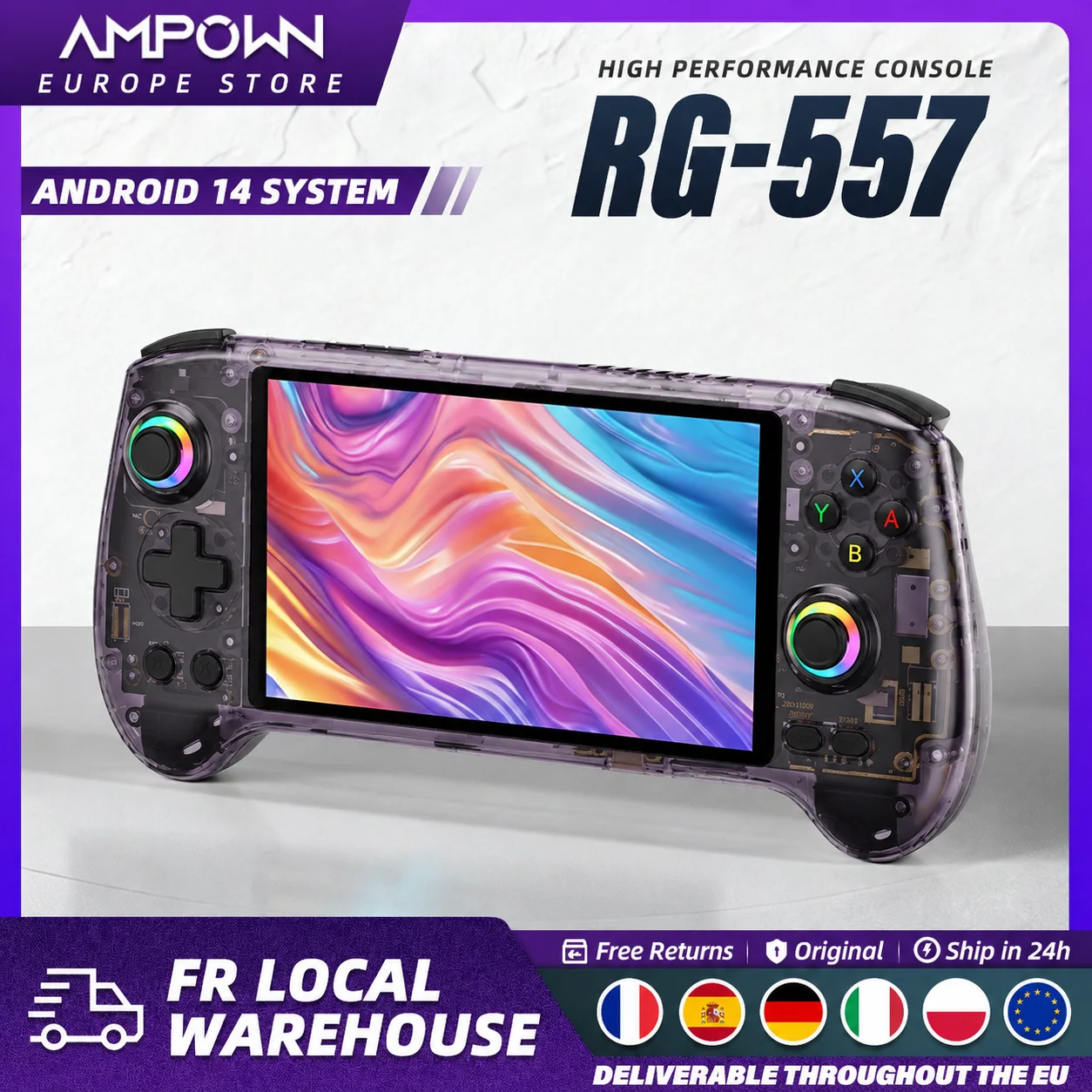 ANBERNIC – Console de jeu portable RG557, processeur de dimension, écran AMOLED 5.48 pouces, Joystick capacitif Android14, sortie DP, ventilateur de refroidissement