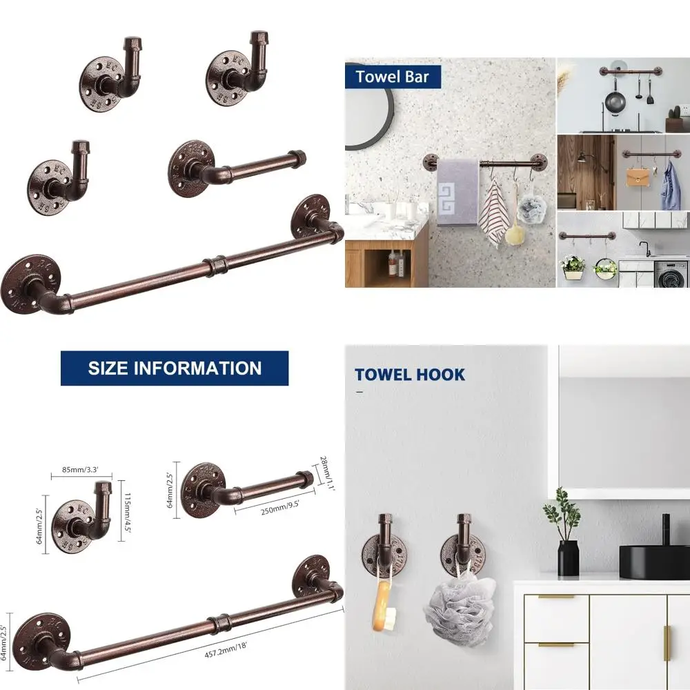 

5-Piece Rustic Pipe Style Bathroom Accessory Set: 18 Towel Bar, Tissue Holder, 3 Robe Hooks