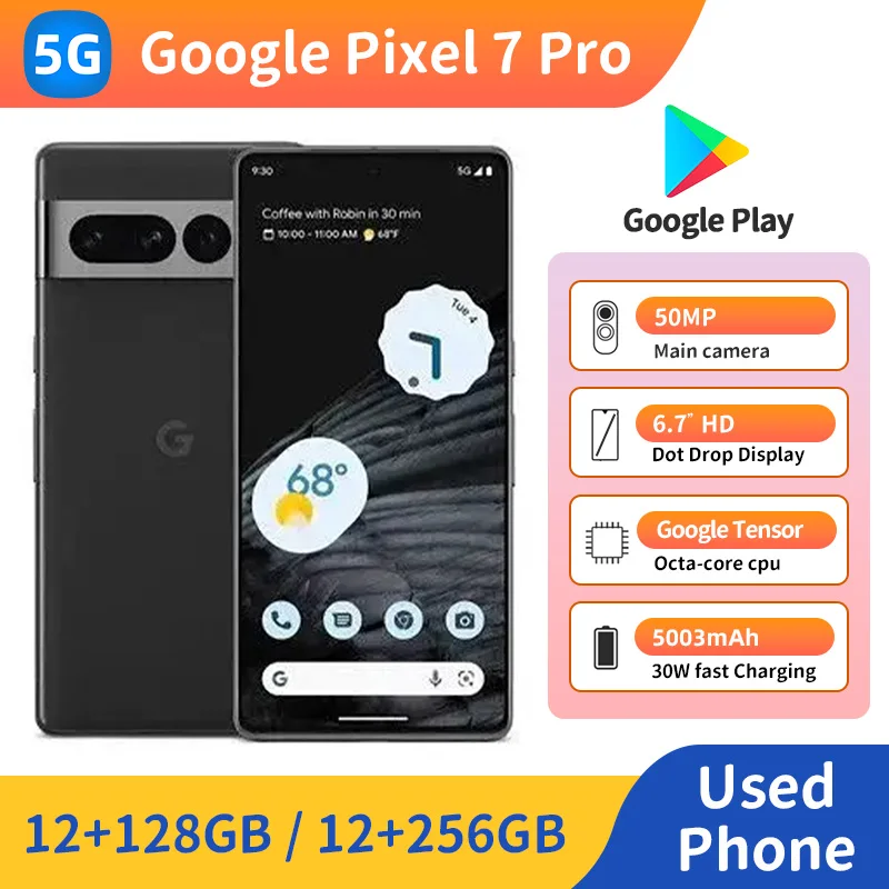 هاتف Google Pixel 7 pro 5G الذكي ROM 128GB/256GB Google Tensor 6.7 بوصة AMOLED 120 هرتز شاشة 5003 مللي أمبير في الساعة هاتف مستعمل