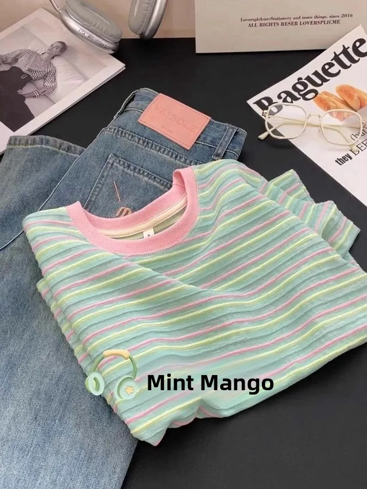 

Mint een Striped T-irt Women's Faion 2025 New Sle Versatile Age-Defng Top Korean Loose Fit ort Sve round Ne