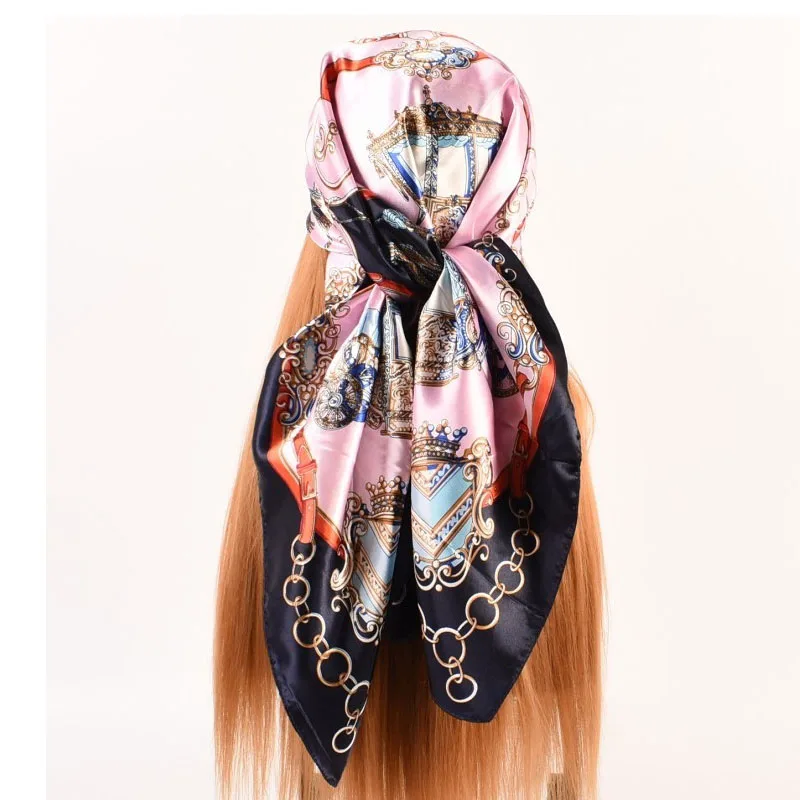 

Shawl Chain Floral Print Square Silk Scarfs Women Headscarves Foulard Bandana Hijab Female Neck Tie Soft Neckerchief Headscarf