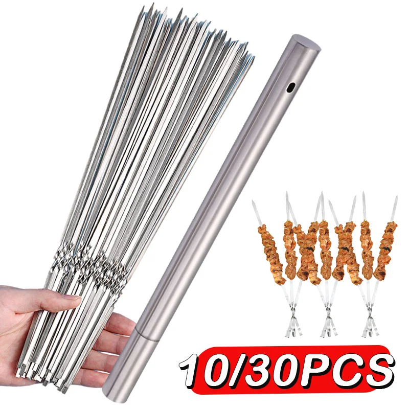 Stainless Steel Barbecue Skewer Storage Tube Reusable BBQ Needle Skewers Metal Flat Kebab Stick Outdoor Camping Barbecue Tools