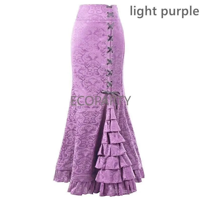 

Women Chinese Jacquard Long Skirts Fishtail Layered Ruffle Lace-up Punk Fashion Victorian Style High Waisted Skirt with Hip Wrap