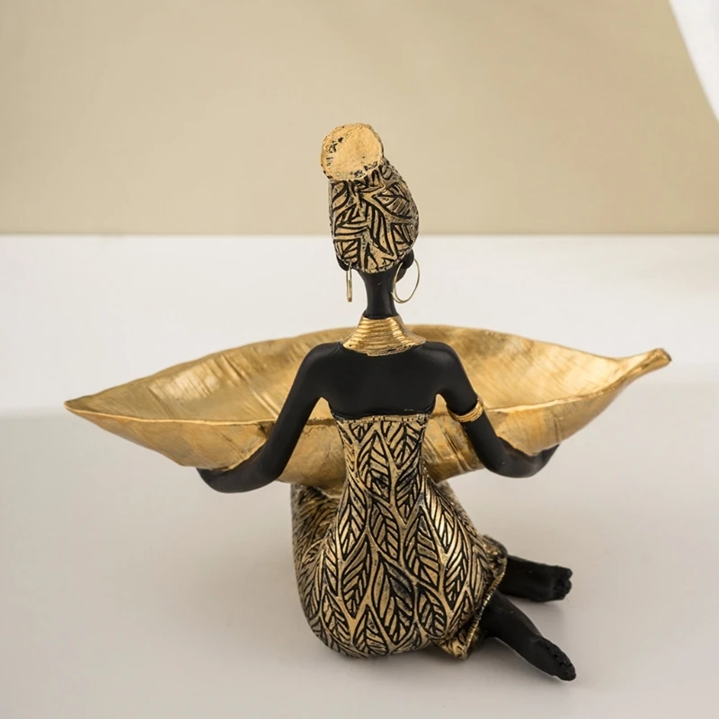 African Girl Exotic Figurine Resins Sculpture Storage Tray Traditional African Lady Statue Shelf for Living Room Dropshipping