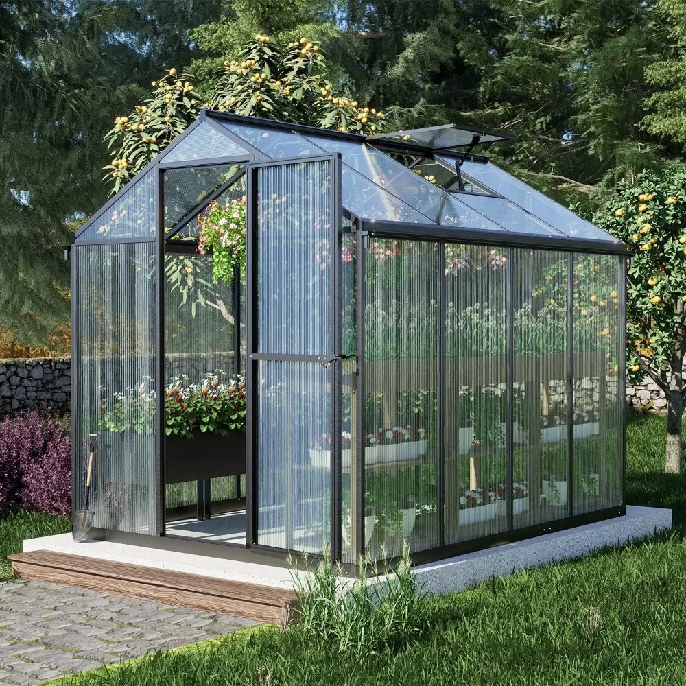 Greenhouse with Heavy-Duty Aluminum Frame, 6' X 8' Walk-in Polycarbonate 1 Vent Window & Lockable Door, Greenhouse