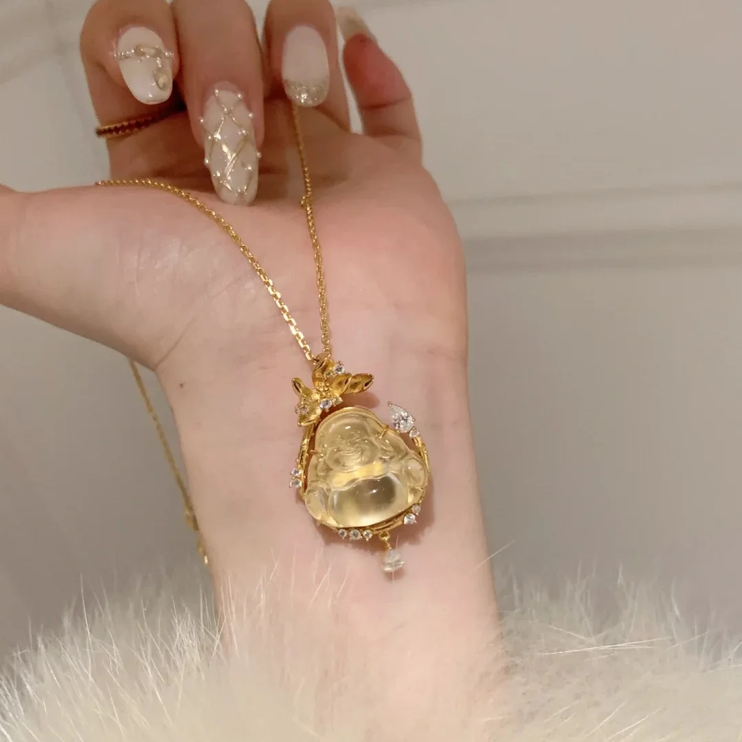 Women's Fashion Necklace 2026 Chinese Style Hand Carved Water Jade Laughing Buddha Pendant Inlaid Zircon Lotus Decor Gold Plated view 2