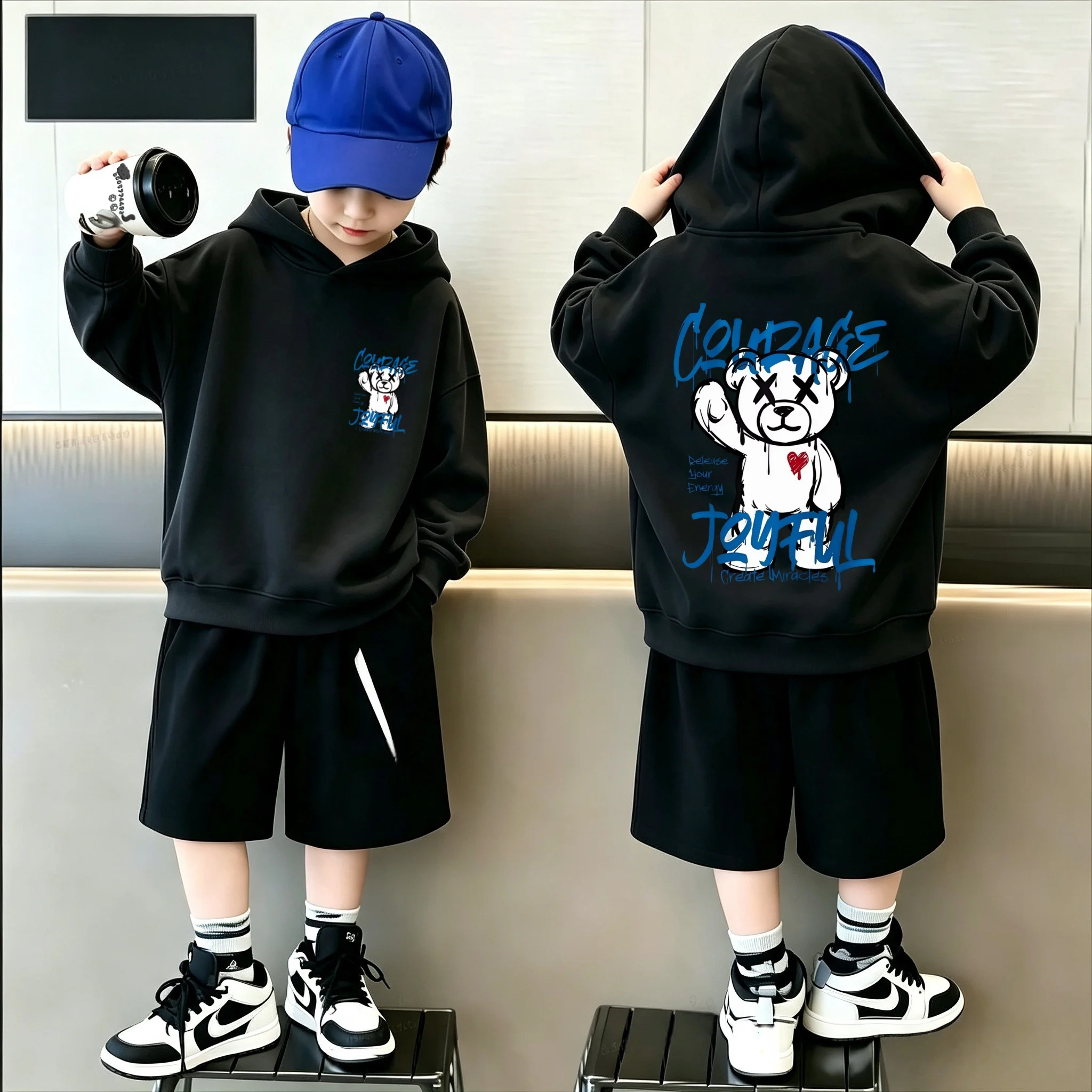 Y2K trend children's hooded sweatshirt with brave and happy bear pattern on both sides of the print, casual hooded sports shirt