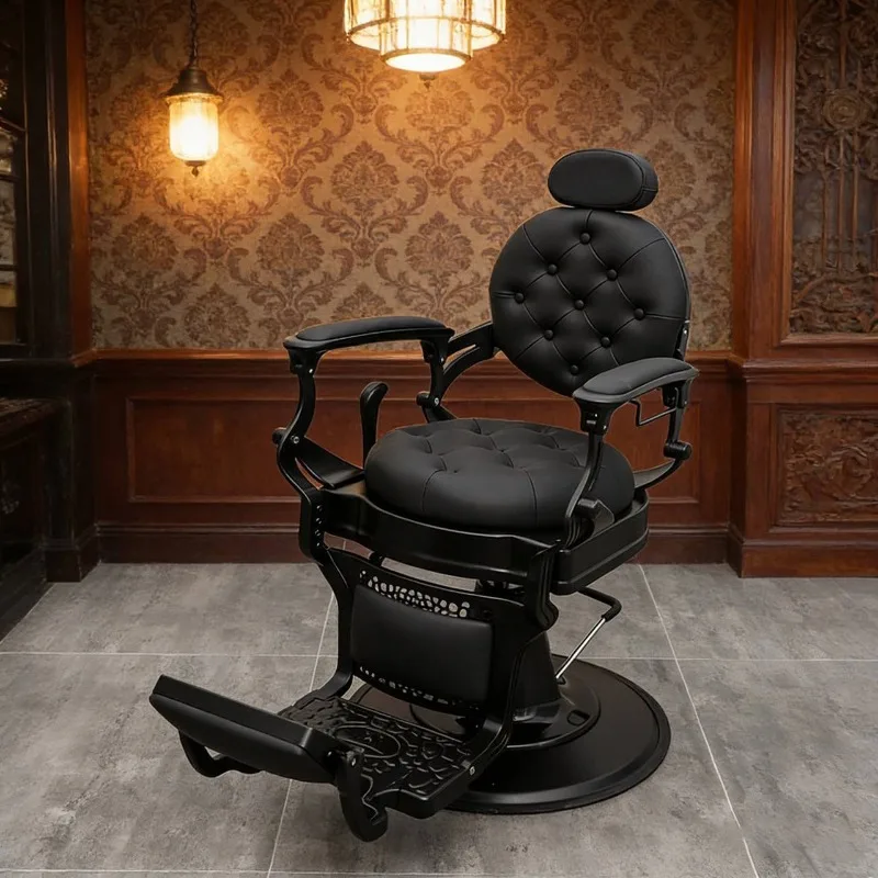 High-end retro light luxury barber chair, fashionable barber shop can put down and lift rotating hair salon oil head hair chair