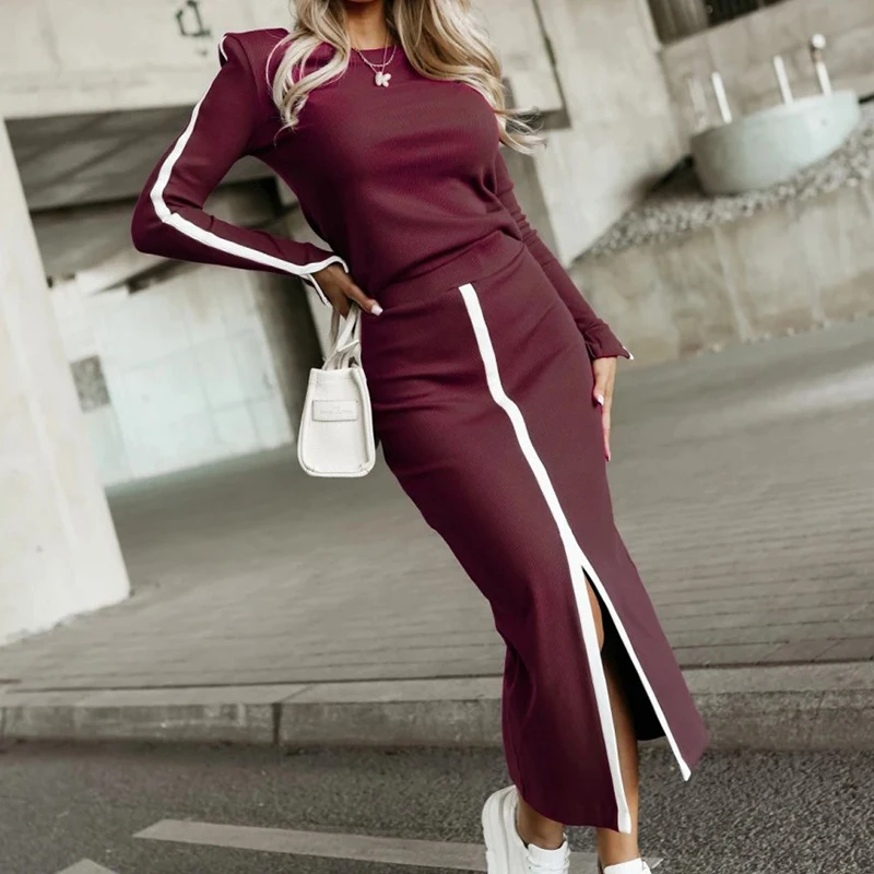 Autumn Winter High Street Long Sleeved Women Set Office Lady O-neck Pullover and Split Skirt Outfits Elegant Patchwork Slim Suit