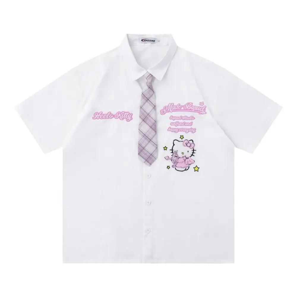

Cartoon T-Shirt Sanrio Hello Kitty Embroidered Shirt Tops Anime Sweet Summer College Style Cute Loose Plaid Polo Short Sleeves