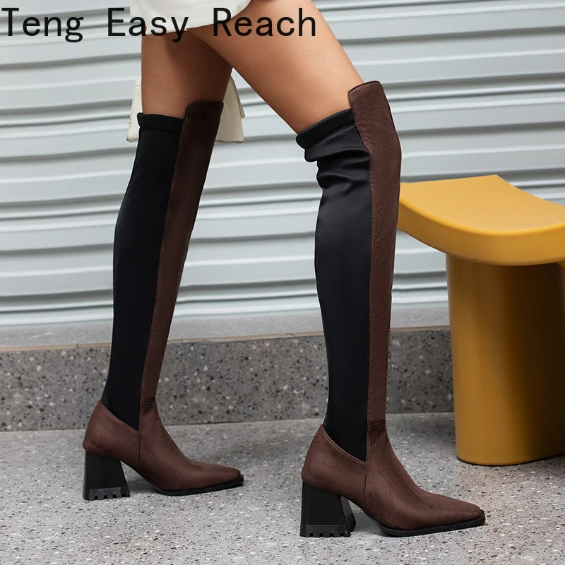 Tapered Chunky Heel Square Toe Stretch Cloth Splicing Scrub Flock Women's Over The Knee Boots Plus Size Slip-On Long Boots