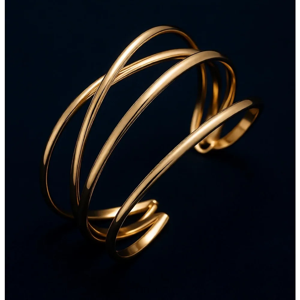 

Многослойный широкий золотой браслет-манжета с перекрещивающимися проволочными элементами для женщин