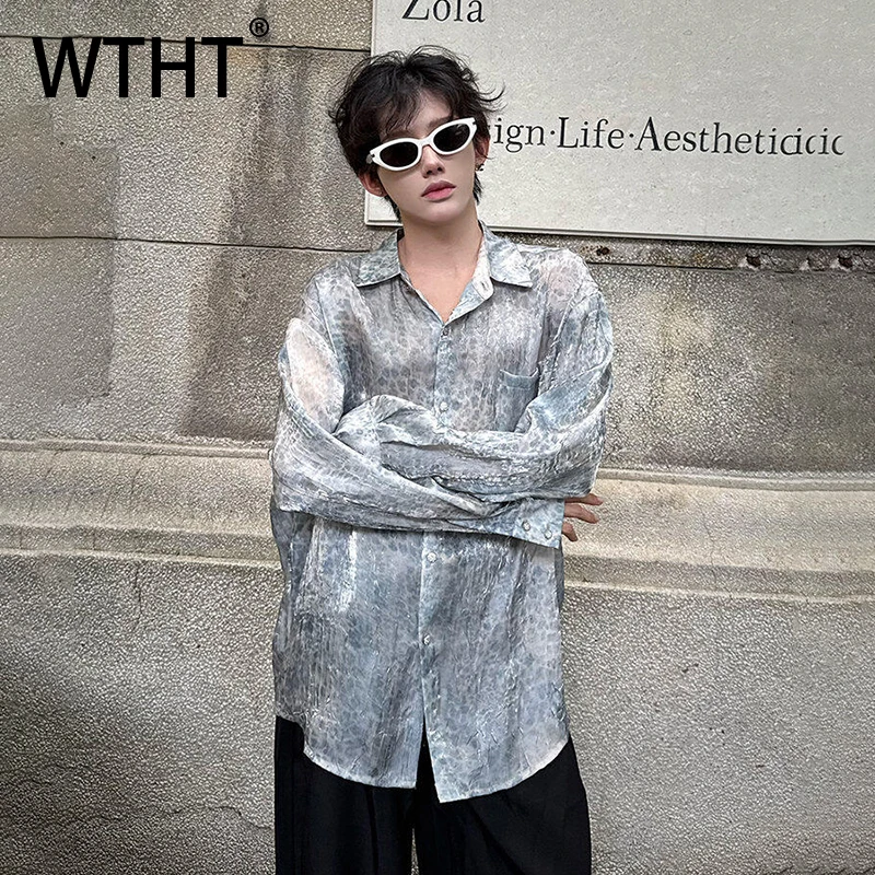 

WTHT модные мужские свободные рубашки с леопардовым принтом и карманами, модные однобортные топы с длинными рукавами, мужские топы, лето 2029, 2A1208