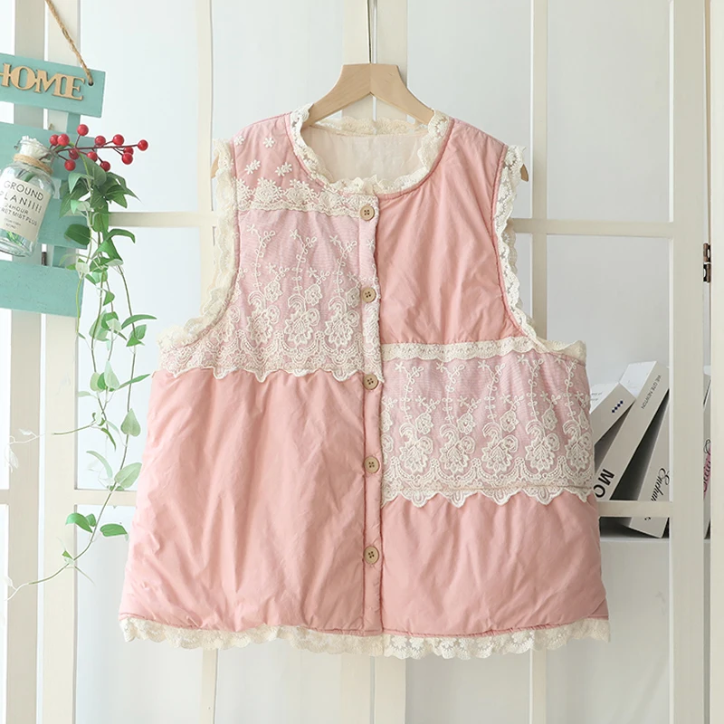 Autumn new Sweet Lace Stitched Outerwear Vest Women Single Breasted Vest Sleevelss Top Y0930-6