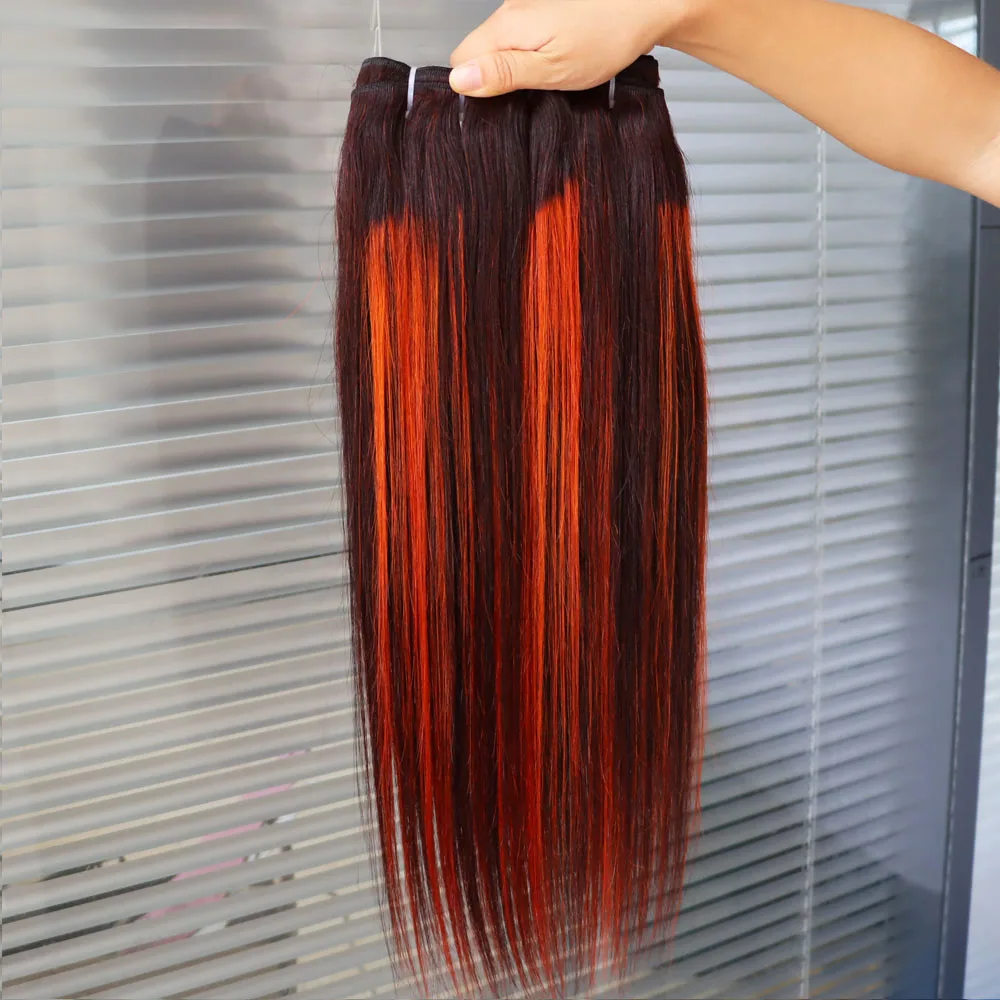 تسليط الضوء على البيانو 1B أسود أحمر برتقالي اللون شعر مستعار بشري حزمة عذراء ريمي الشعر البرازيلي النسيج نسج لحمة مزدوجة