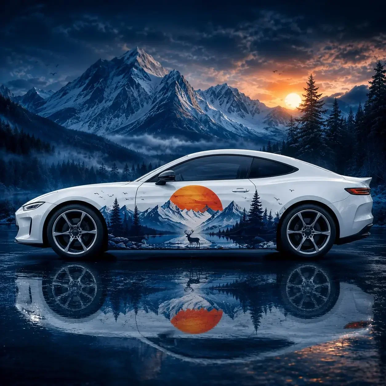 2pcs Mountain Sunset Deer Car Side Graphic Vinyl Wrap Decal