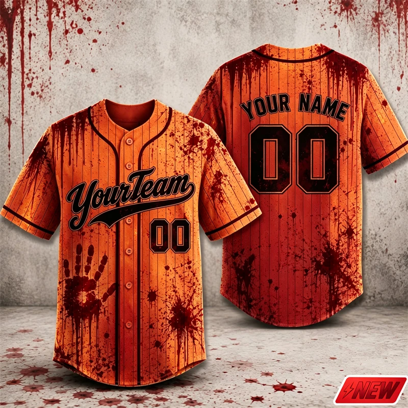 Custom Name Baseball Jersey Men Halloween Quick Dry 3D Print Stripe Blood Handprint Pattern Shirt Unisex Horror Style Party Top